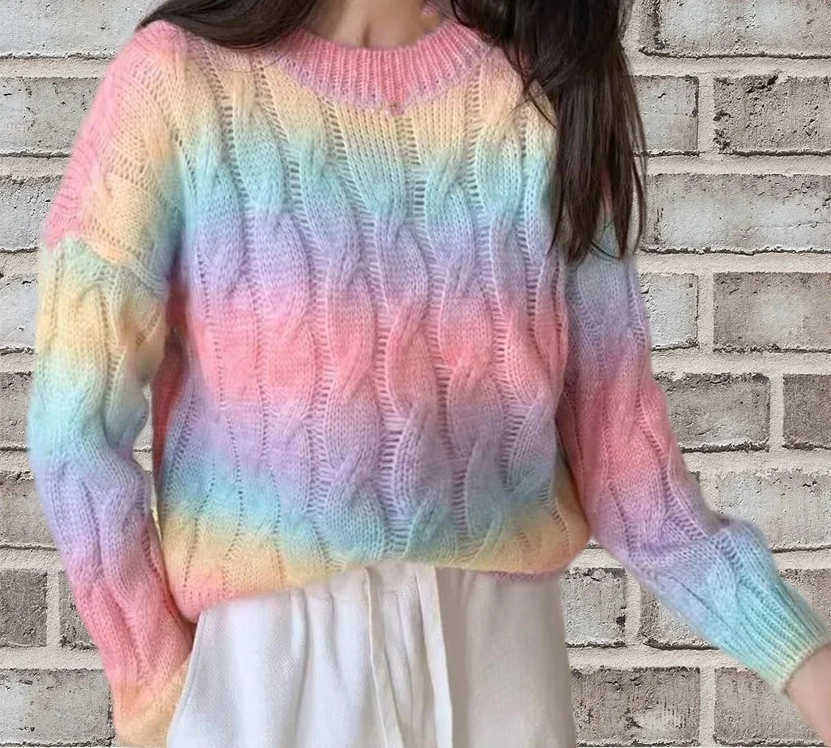 Women's Sweater – Wool Mix Cable Knit – Relaxed Fit – Long Sleeves – Round Neck - Image 2