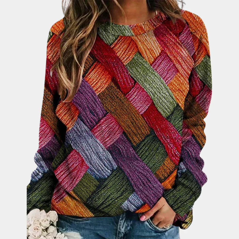 Women's Sweater – Wool Mix – Loose-Fitting Model – Checked Pattern – Round Neck - Image 3