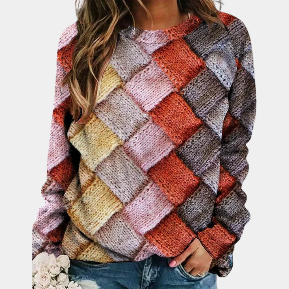 Women's Sweater – Wool Mix – Loose-Fitting Model – Checked Pattern – Round Neck - Image 4
