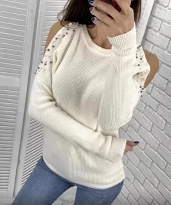 Ladies Sweater – Wool Mix – Regular Fit – Cold Shoulders – Pearl Detail – Long Sleeve - Image 6