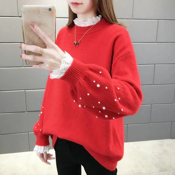 Women's Sweater – Wool Blend – Relaxed Fit – Pearl Embellishment – Voluminous Sleeves - Image 2