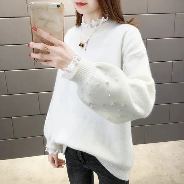 Women's Sweater – Wool Blend – Relaxed Fit – Pearl Embellishment – Voluminous Sleeves - Image 3