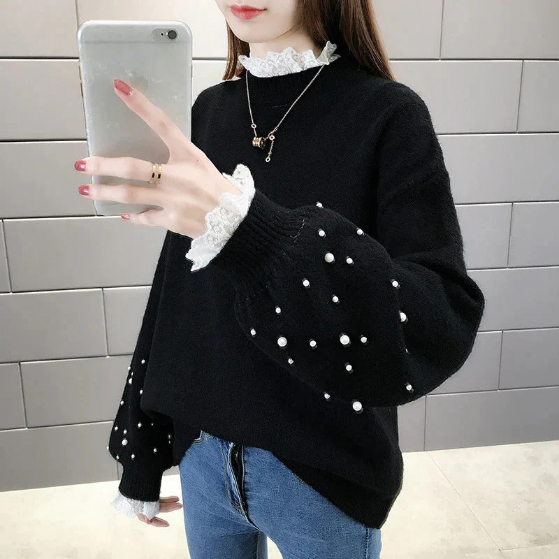 Women's Sweater – Wool Blend – Relaxed Fit – Pearl Embellishment – Voluminous Sleeves - Image 4