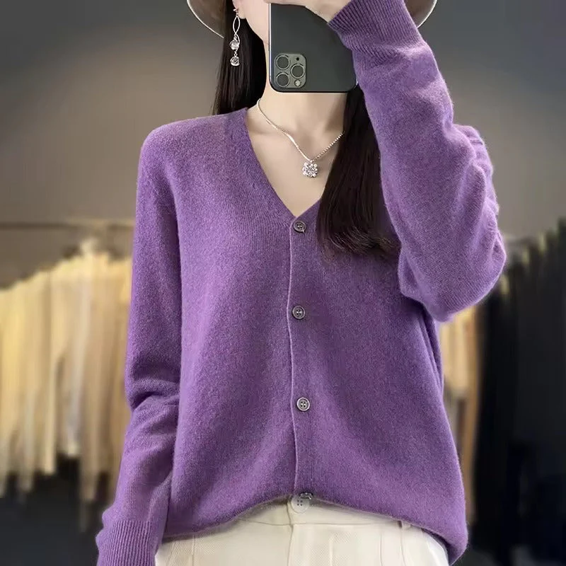 Women's Sweater – Wool Blend – V-Neck – Relaxed Fit – Button Closure – Long Sleeves - Image 2