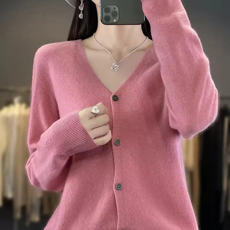 Women's Sweater – Wool Blend – V-Neck – Relaxed Fit – Button Closure – Long Sleeves - Image 5