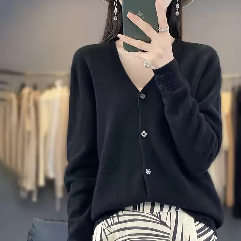 Women's Sweater – Wool Blend – V-Neck – Relaxed Fit – Button Closure – Long Sleeves - Image 6