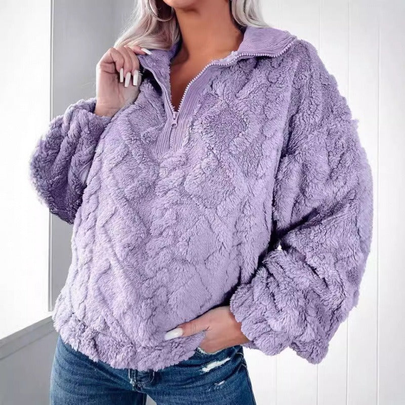 Women's Sweater – Soft Fleece – Oversized Fit – Half Zip with Stand-up Collar - Image 2