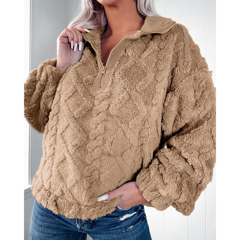 Women's Sweater – Soft Fleece – Oversized Fit – Half Zip with Stand-up Collar - Image 3