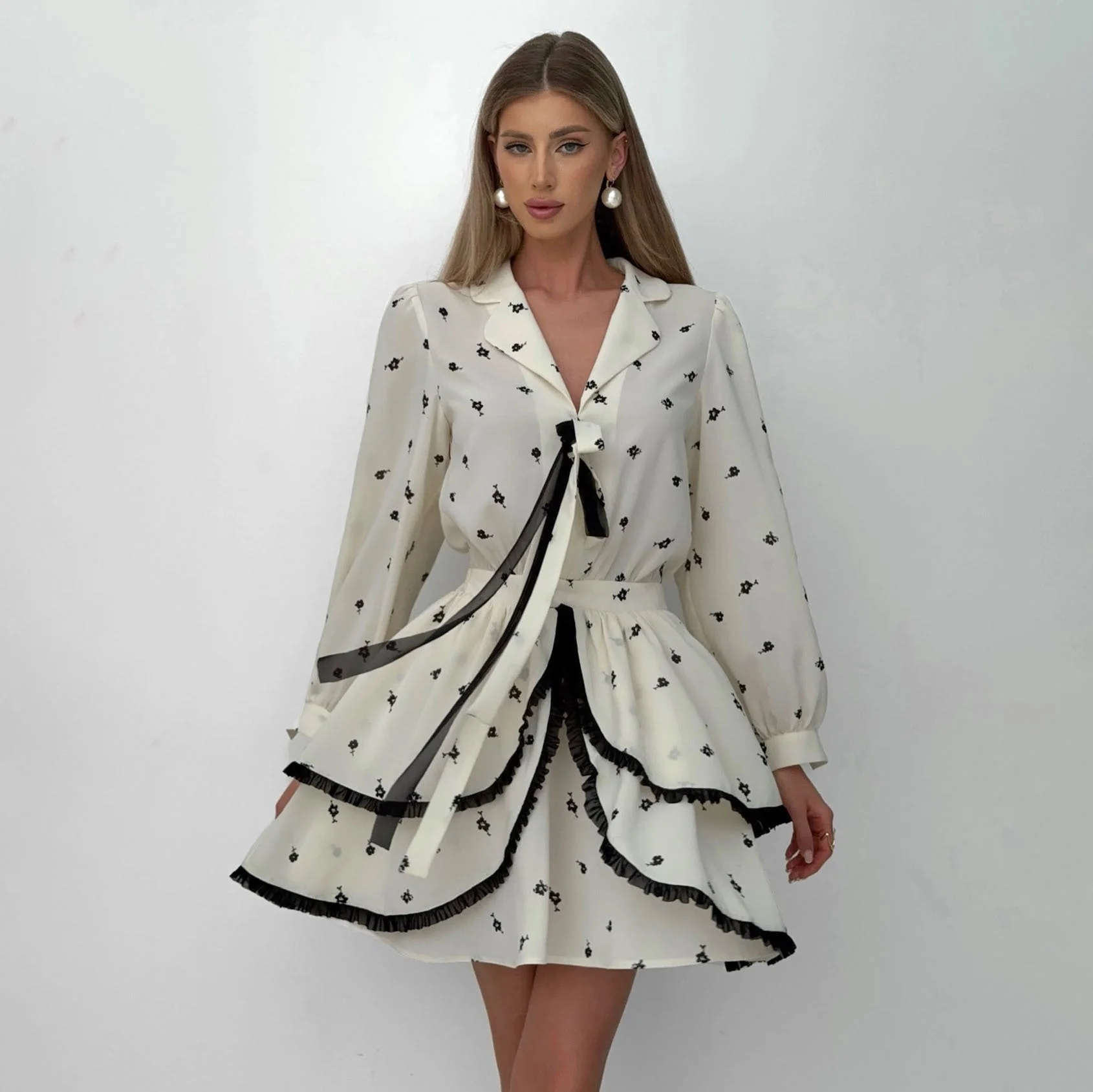 Ladies Two-Piece Dress Set – Chiffon – V-Neck – Ruffled Skirt – Floral Print – Fitted - Image 4