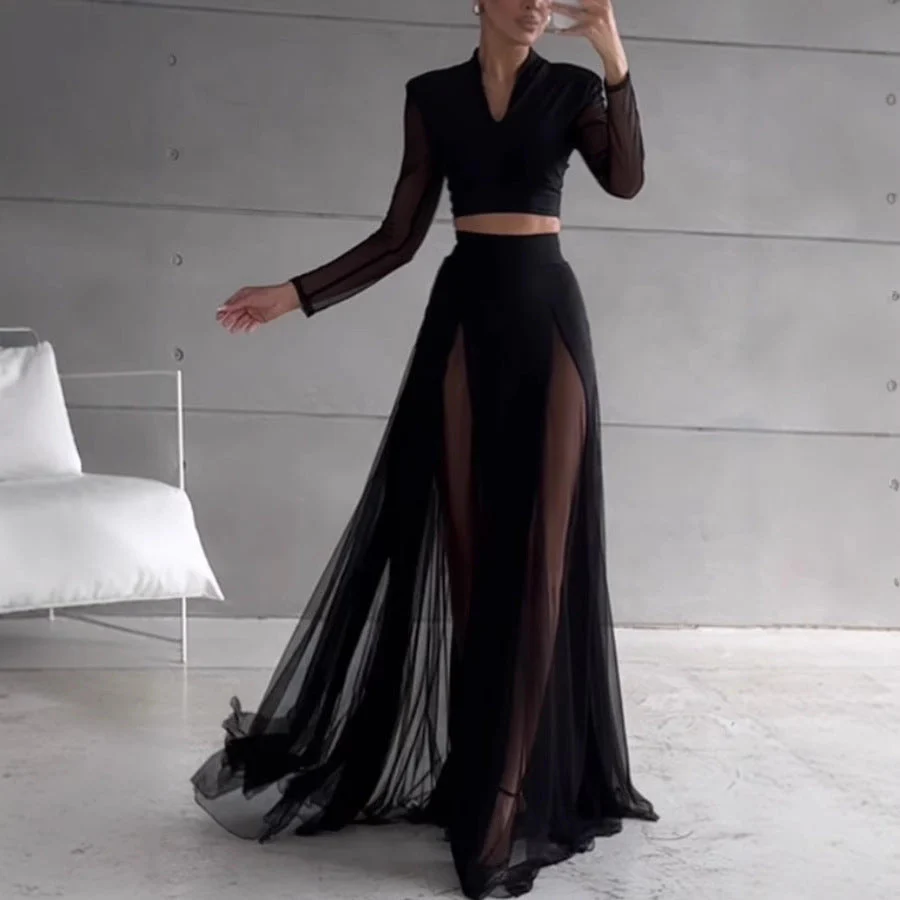 Women's Two-Piece Set – Fitted Crop Top with Mesh – Long Skirt with High Slits - Image 2