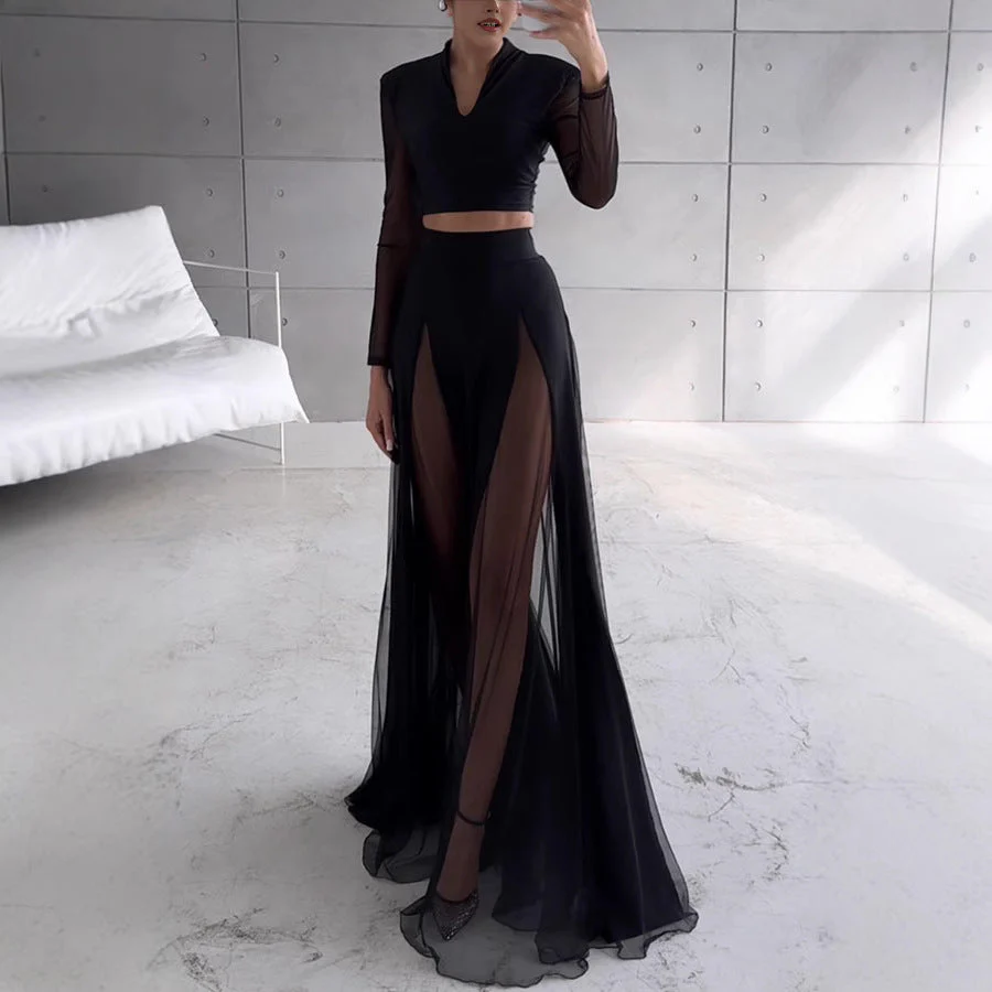 Women's Two-Piece Set – Fitted Crop Top with Mesh – Long Skirt with High Slits - Image 3
