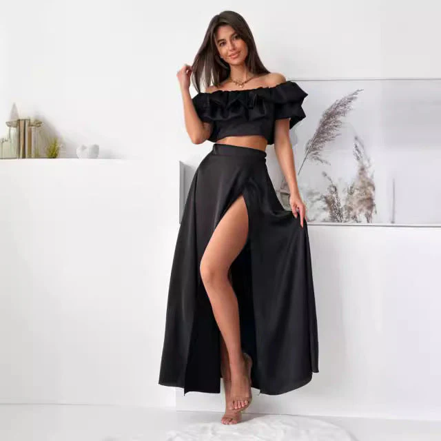 Ladies Two-Piece Set – Off-Shoulder Ruffle Crop Top – High Waist Maxi Skirt with Slit - Image 2
