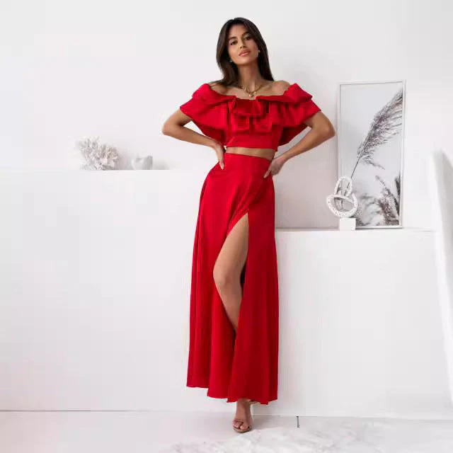Ladies Two-Piece Set – Off-Shoulder Ruffle Crop Top – High Waist Maxi Skirt with Slit - Image 3