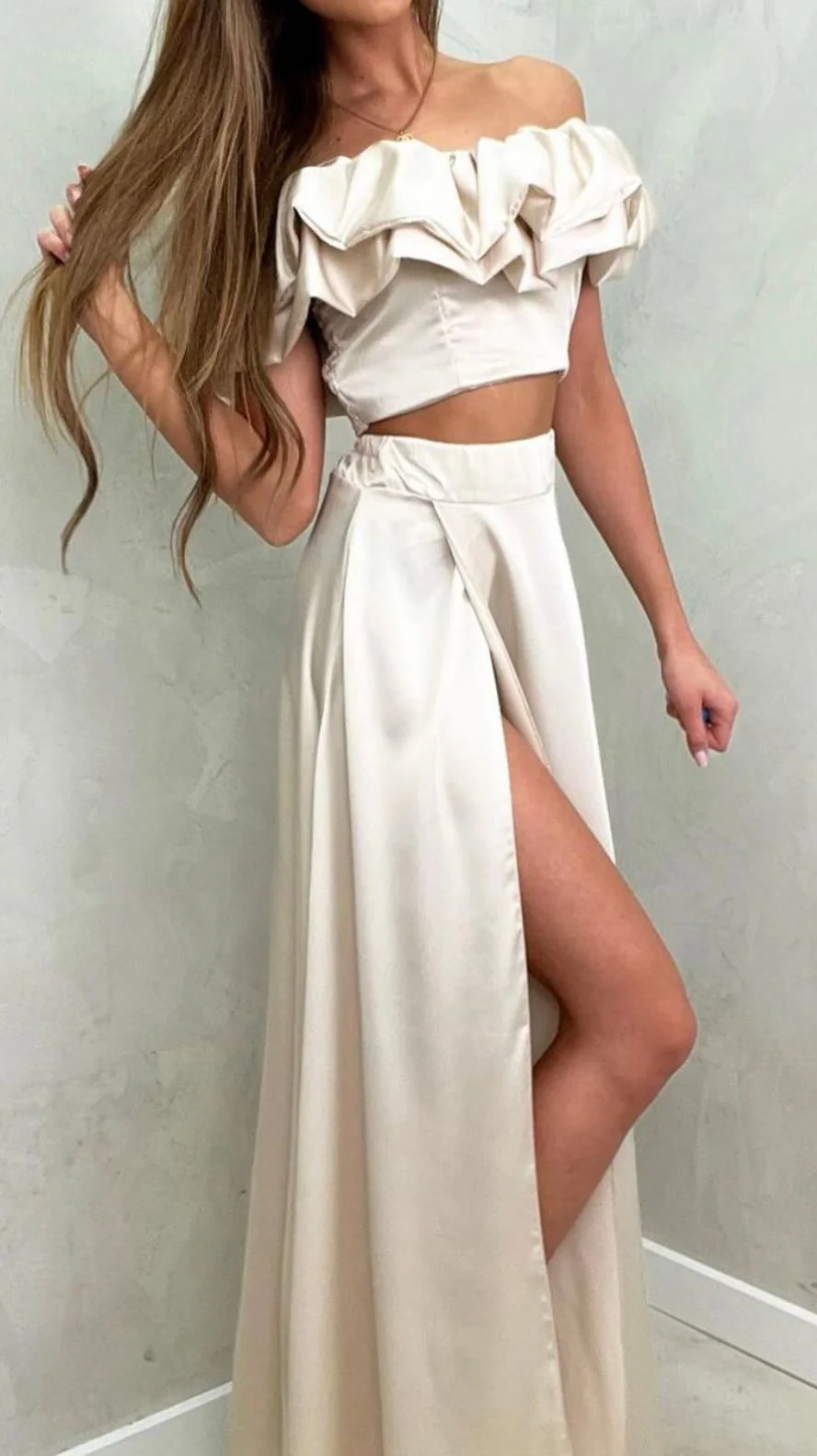 Ladies Two-Piece Set – Off-Shoulder Ruffle Crop Top – High Waist Maxi Skirt with Slit - Image 4