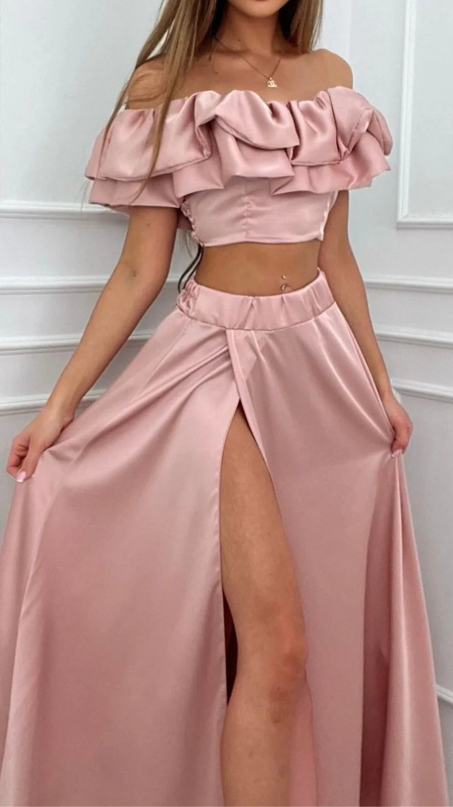 Ladies Two-Piece Set – Off-Shoulder Ruffle Crop Top – High Waist Maxi Skirt with Slit - Image 6