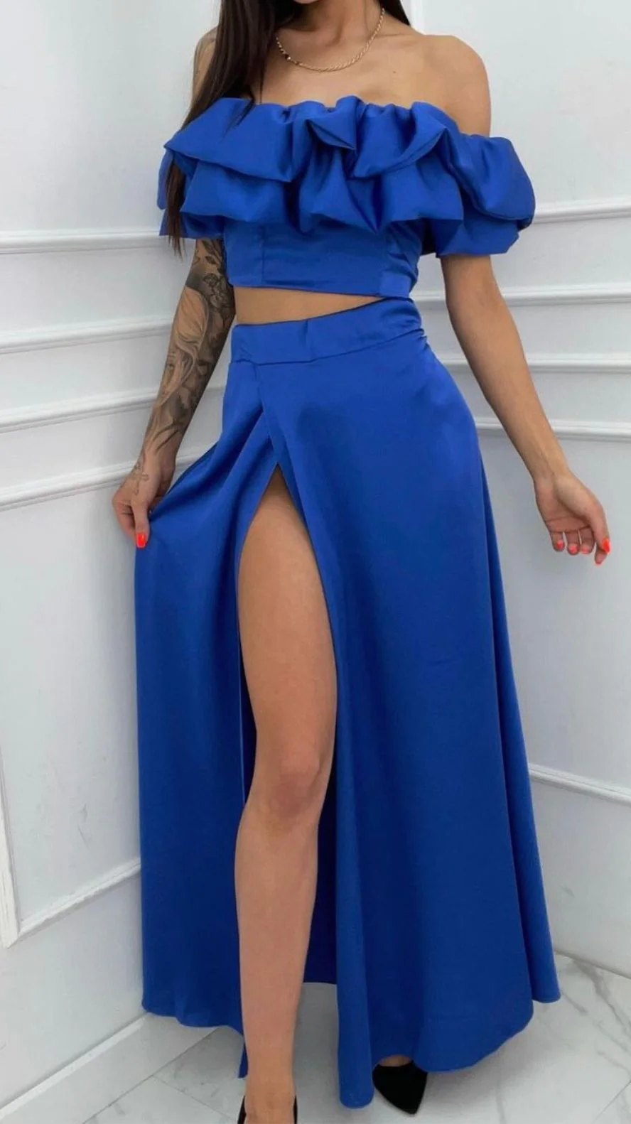 Ladies Two-Piece Set – Off-Shoulder Ruffle Crop Top – High Waist Maxi Skirt with Slit - Image 7