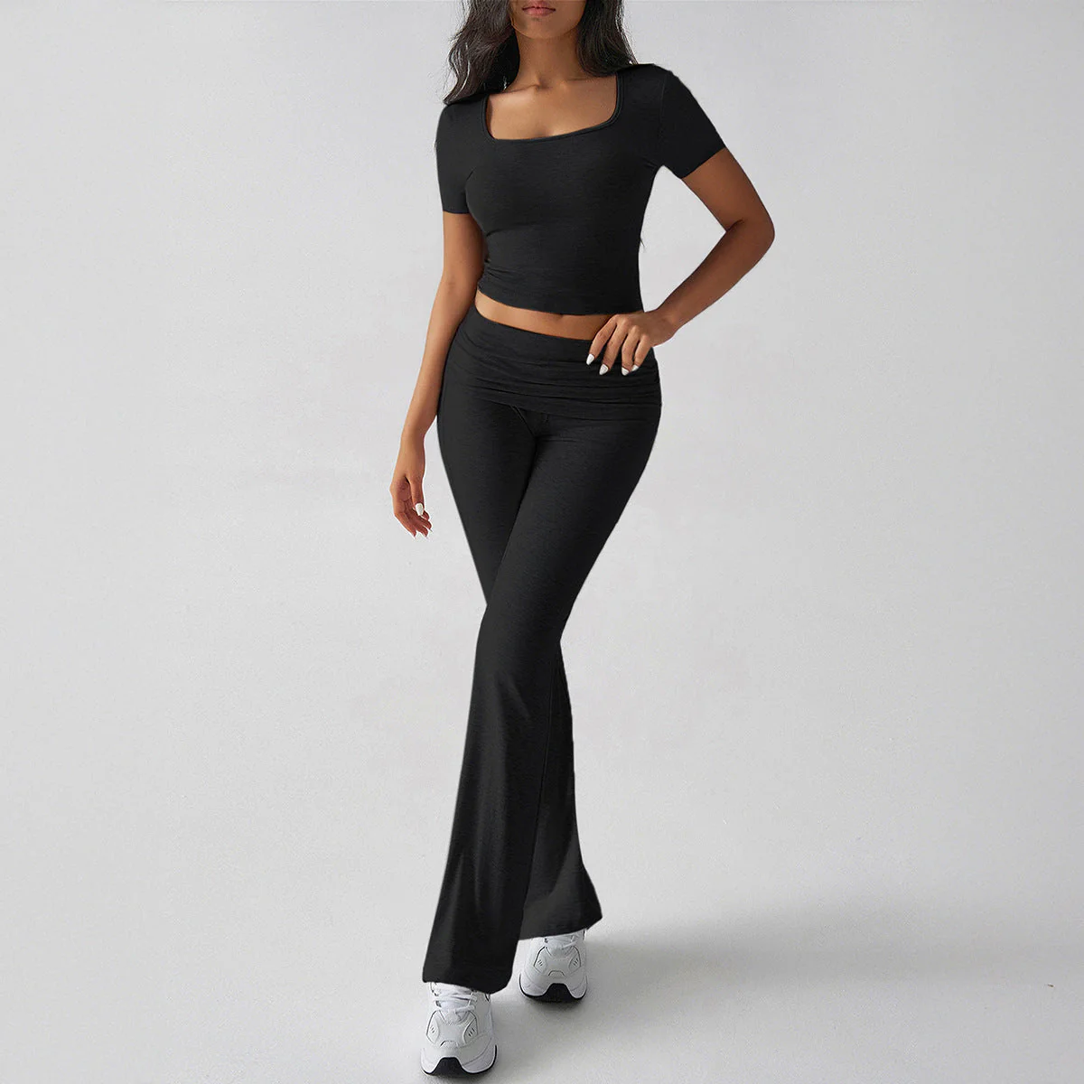 Women's Two-Piece Set – Slim Fit Crop Top and Flared Pants – Stretch Fabric – Casual Look - Image 5