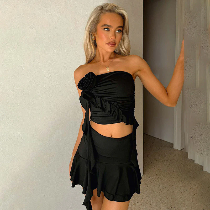 Ladies Two-Piece Set – Strapless Bandeau Top – Ruffles – Bodycon Miniskirt – Slim Fit - Image 4