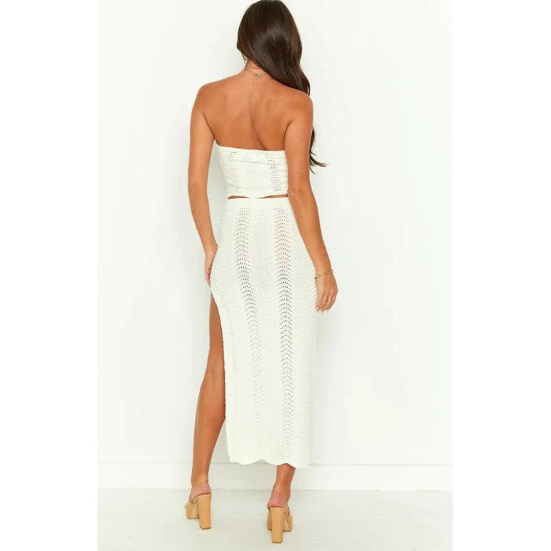 Ladies Two-Piece Set – Strapless Crop Top with Cut-Out – Knitted Maxi Skirt with High Slit - Image 3