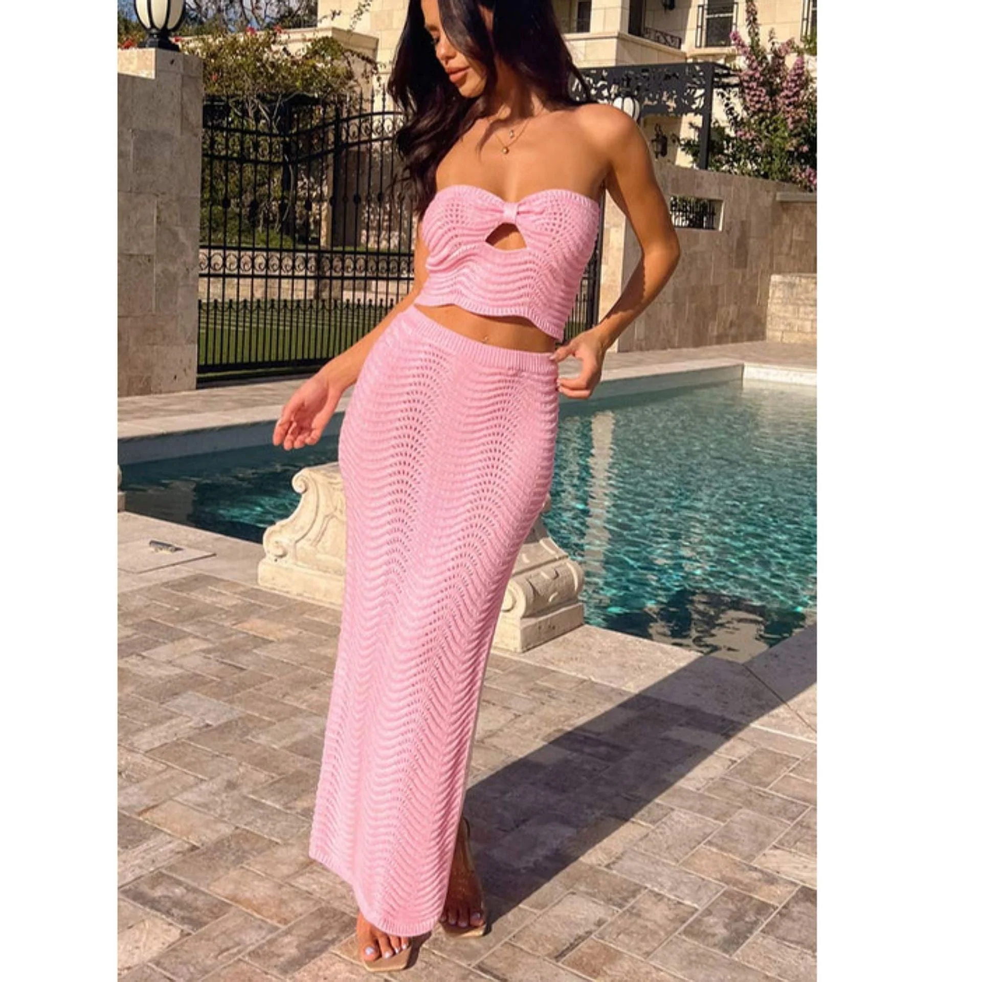 Ladies Two-Piece Set – Strapless Crop Top with Cut-Out – Knitted Maxi Skirt with High Slit - Image 4