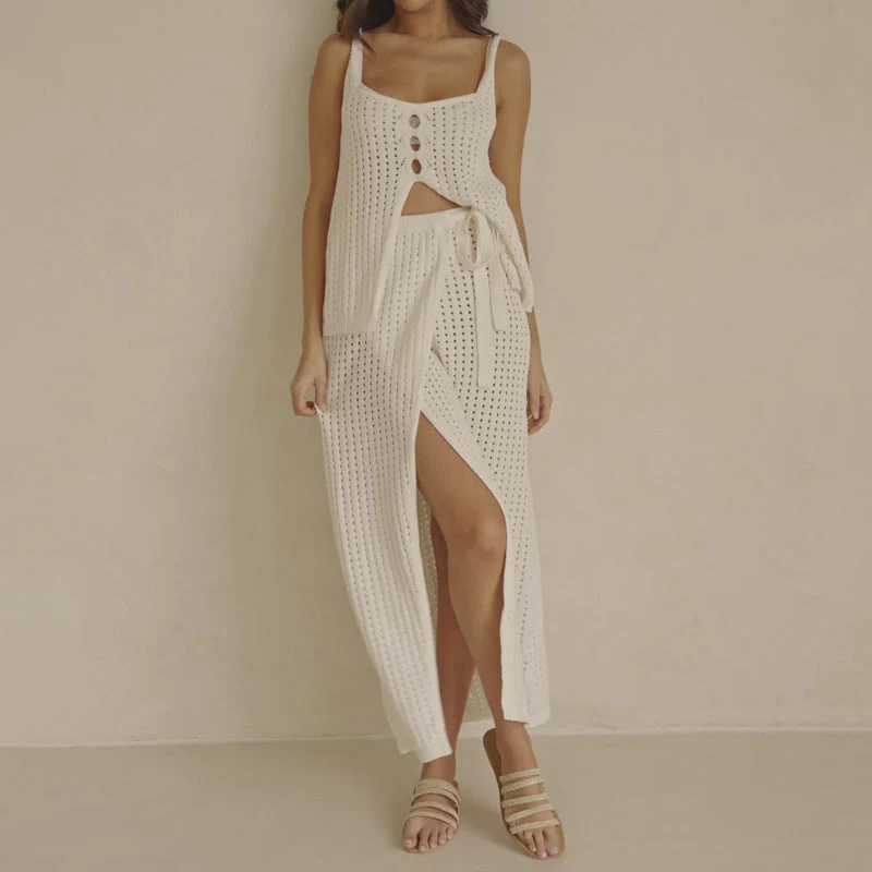 Women's Two-Piece Beach Set – Open-Knit Crop Top – Maxi Skirt with Slit and Tie Belt - Image 2