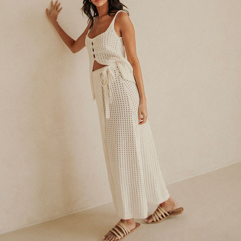 Women's Two-Piece Beach Set – Open-Knit Crop Top – Maxi Skirt with Slit and Tie Belt - Image 3