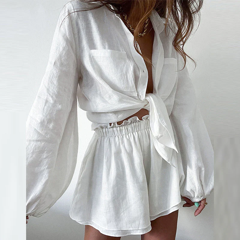 Women's Two-Piece Set – Breathable Material – Cropped Blouse – Ruffled Shorts - Image 2