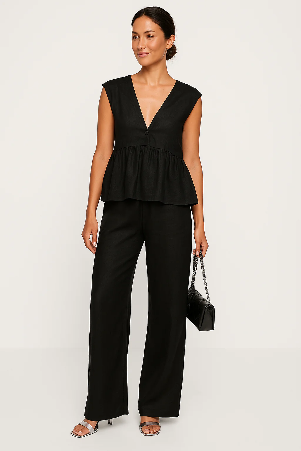 Women's Two-Piece Set – Sleeveless Peplum Top – V-neck – Loose Long Pants – Breathable Fabrics - Image 2
