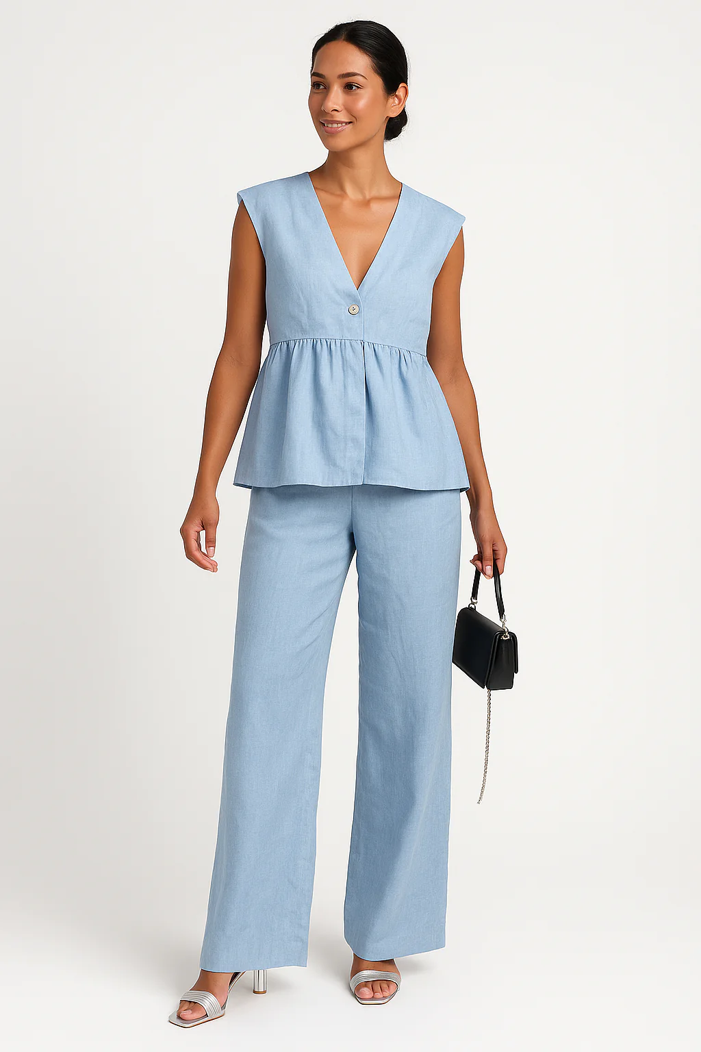 Women's Two-Piece Set – Sleeveless Peplum Top – V-neck – Loose Long Pants – Breathable Fabrics - Image 3