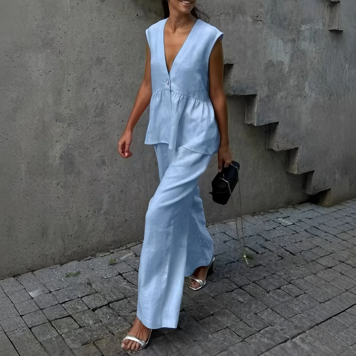 Women's Two-Piece Set – Sleeveless Peplum Top – V-neck – Loose Long Pants – Breathable Fabrics - Image 5