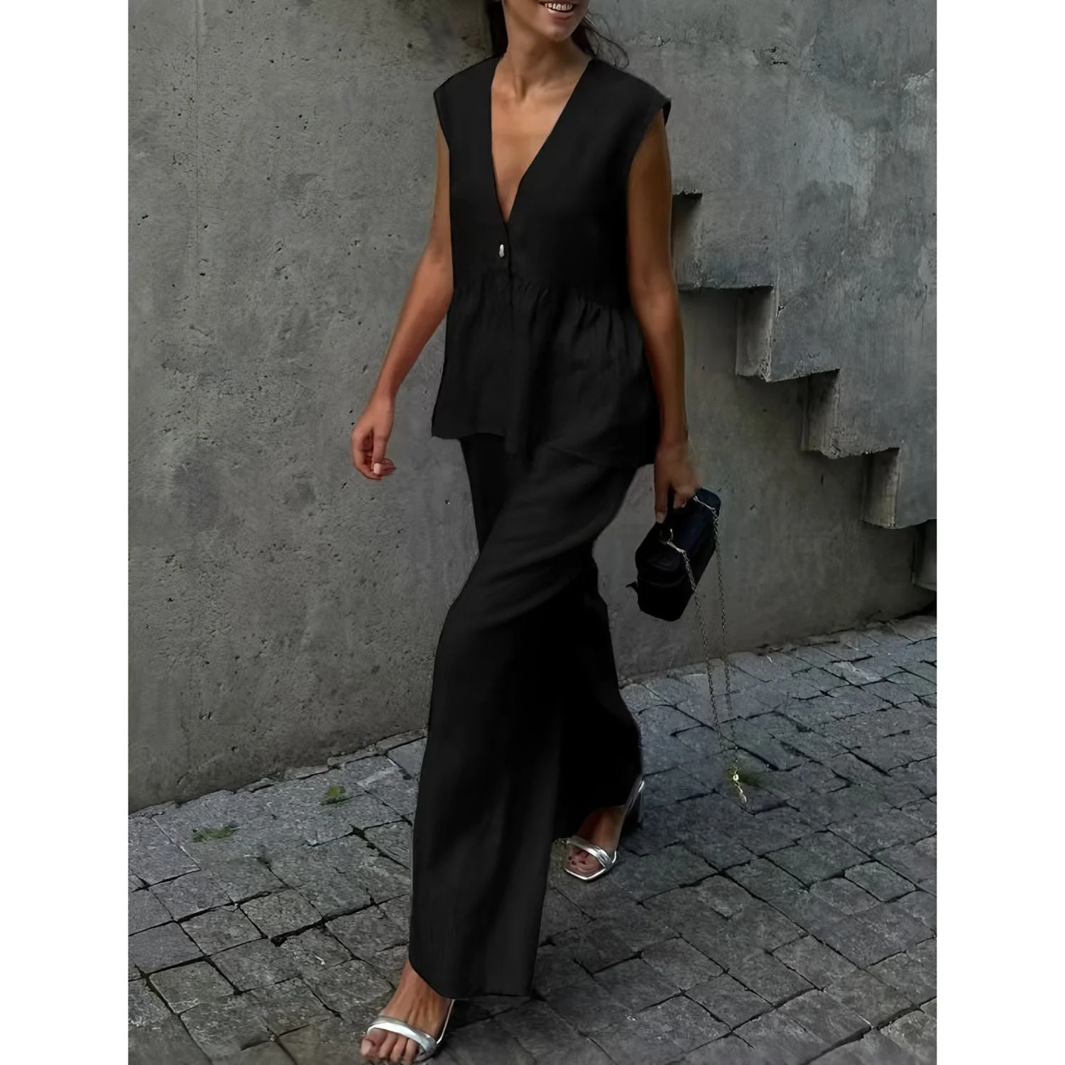 Women's Two-Piece Set – Sleeveless Peplum Top – V-neck – Loose Long Pants – Breathable Fabrics - Image 6