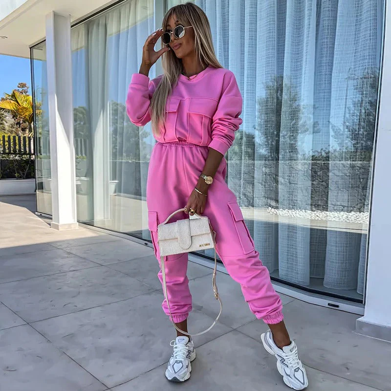 Ladies Two-Piece Set – Relaxed Fit – Cargo Jogger Pants – Top with Long Sleeves and Pockets - Image 3