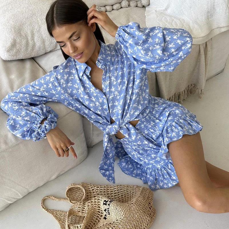Women's Two-Piece Set – Tie-Front Shirt – High-Waist Shorts – Floral Print – Airy Fit - Image 2