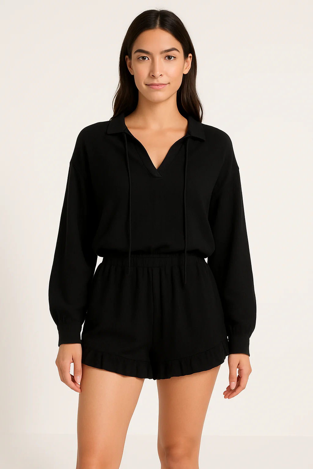 Women's Two-Piece Set – V-Neck Top with Balloon Sleeves – Ruffle Short – Breathable Comfort - Image 2