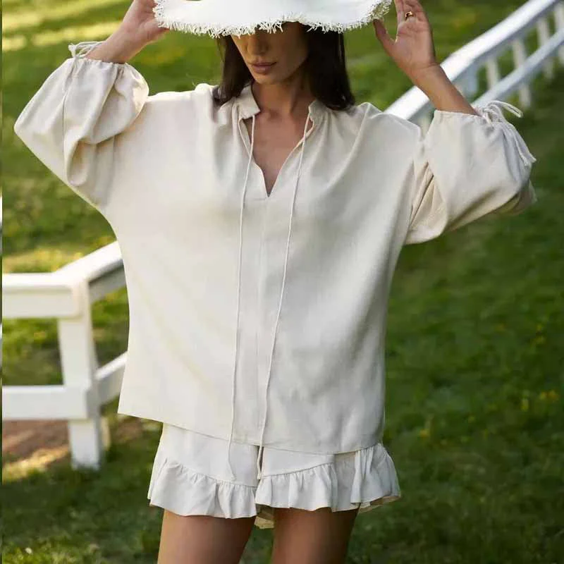 Women's Two-Piece Set – V-Neck Top with Balloon Sleeves – Ruffle Short – Breathable Comfort - Image 4