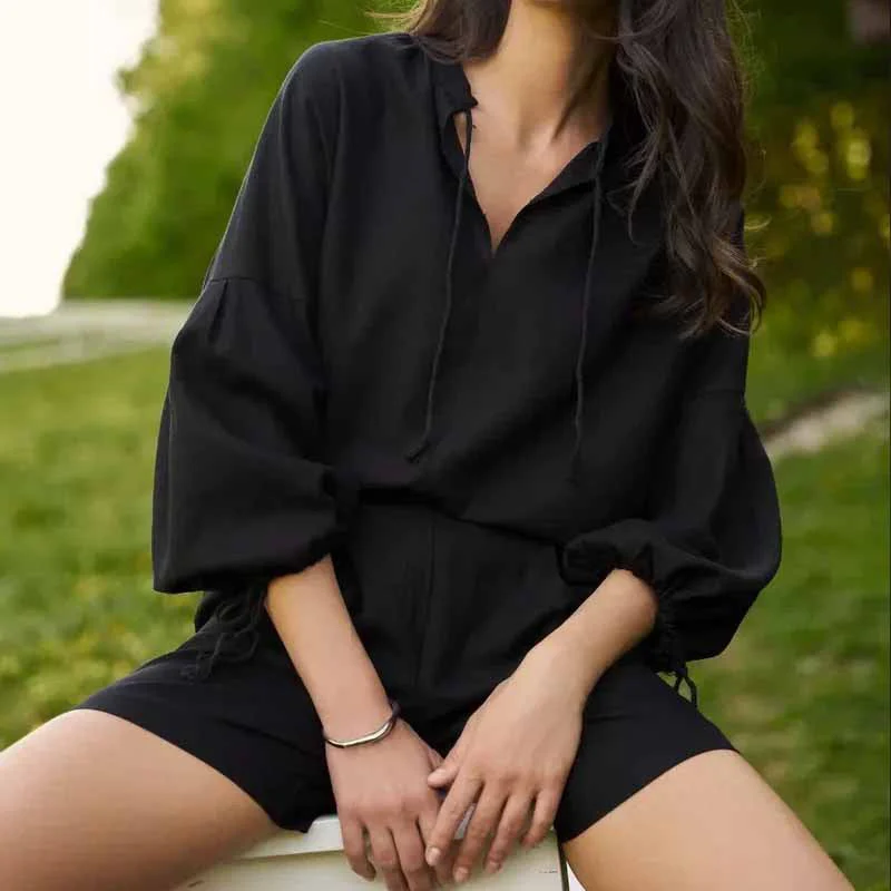Women's Two-Piece Set – V-Neck Top with Balloon Sleeves – Ruffle Short – Breathable Comfort - Image 5