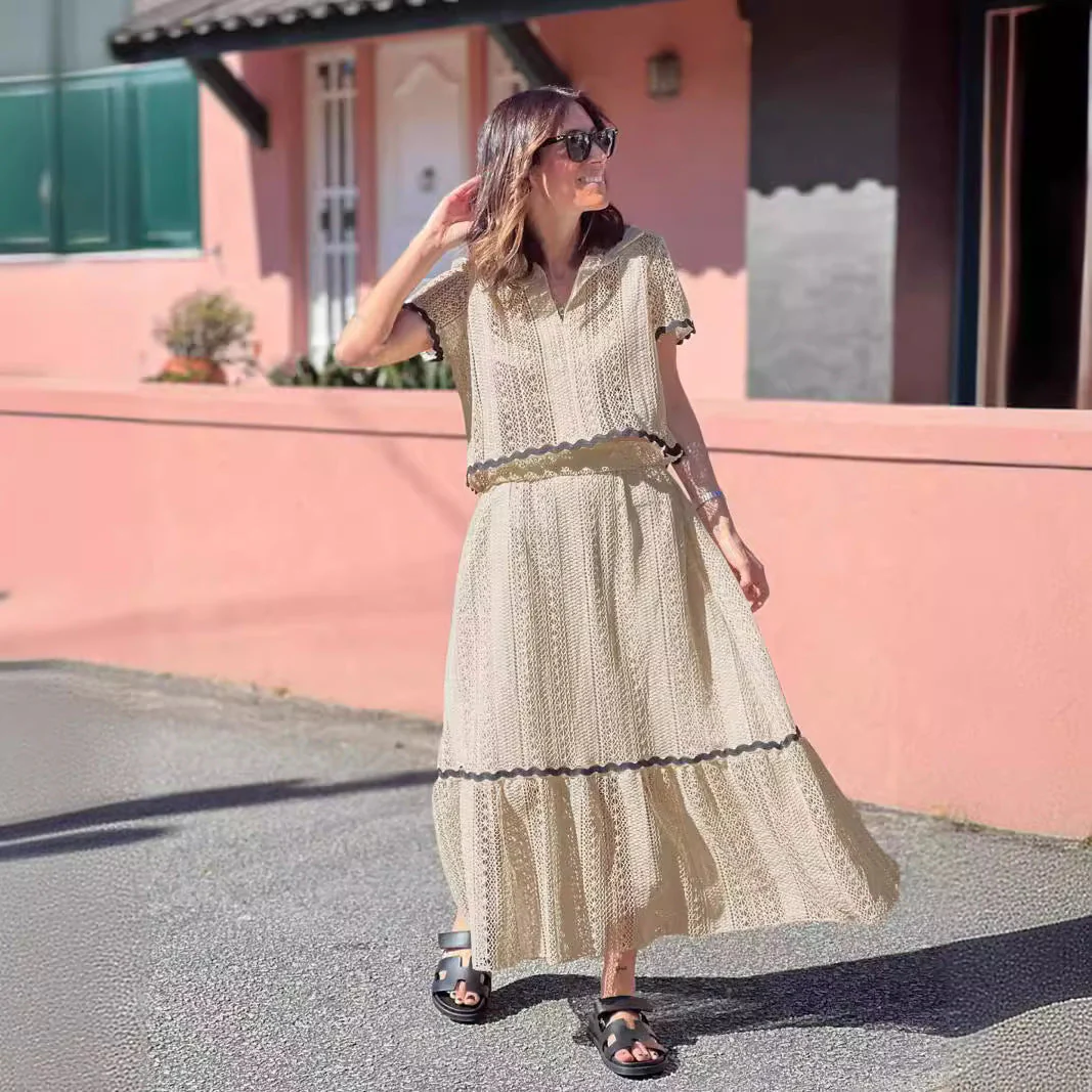 Women's Two-Piece Skirt Set – Cotton Mix – A-line Midi Skirt – Short Sleeve – Lace Trim - Image 2