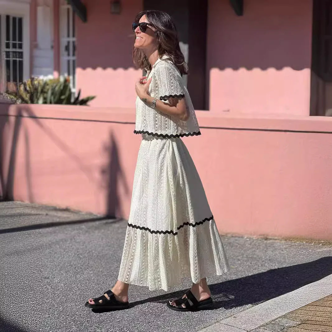 Women's Two-Piece Skirt Set – Cotton Mix – A-line Midi Skirt – Short Sleeve – Lace Trim - Image 3