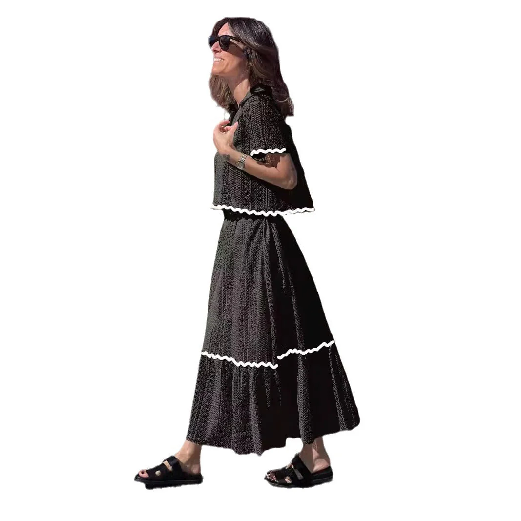 Women's Two-Piece Skirt Set – Cotton Mix – A-line Midi Skirt – Short Sleeve – Lace Trim - Image 4