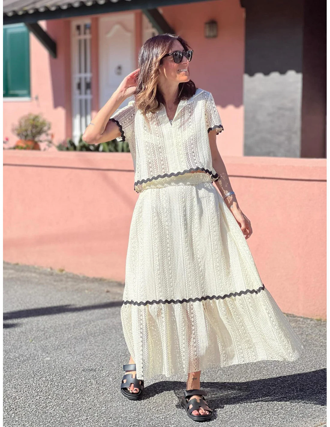 Women's Two-Piece Skirt Set – Cotton Mix – A-line Midi Skirt – Short Sleeve – Lace Trim - Image 5