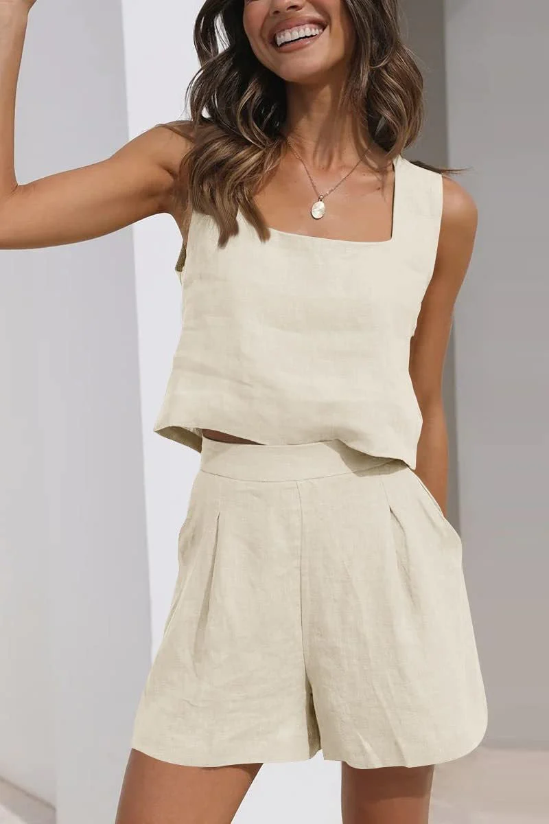 Women's Two-Piece Set – Breathable Material – Sleeveless Crop Top – Pleated Shorts - Image 2