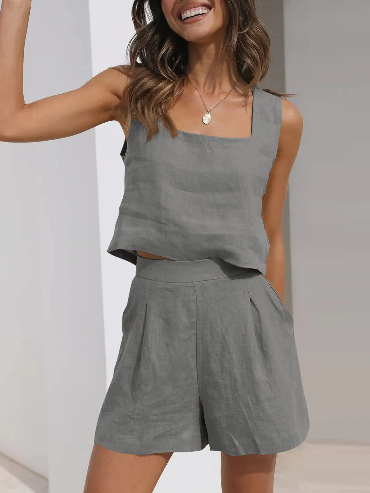 Women's Two-Piece Set – Breathable Material – Sleeveless Crop Top – Pleated Shorts - Image 6