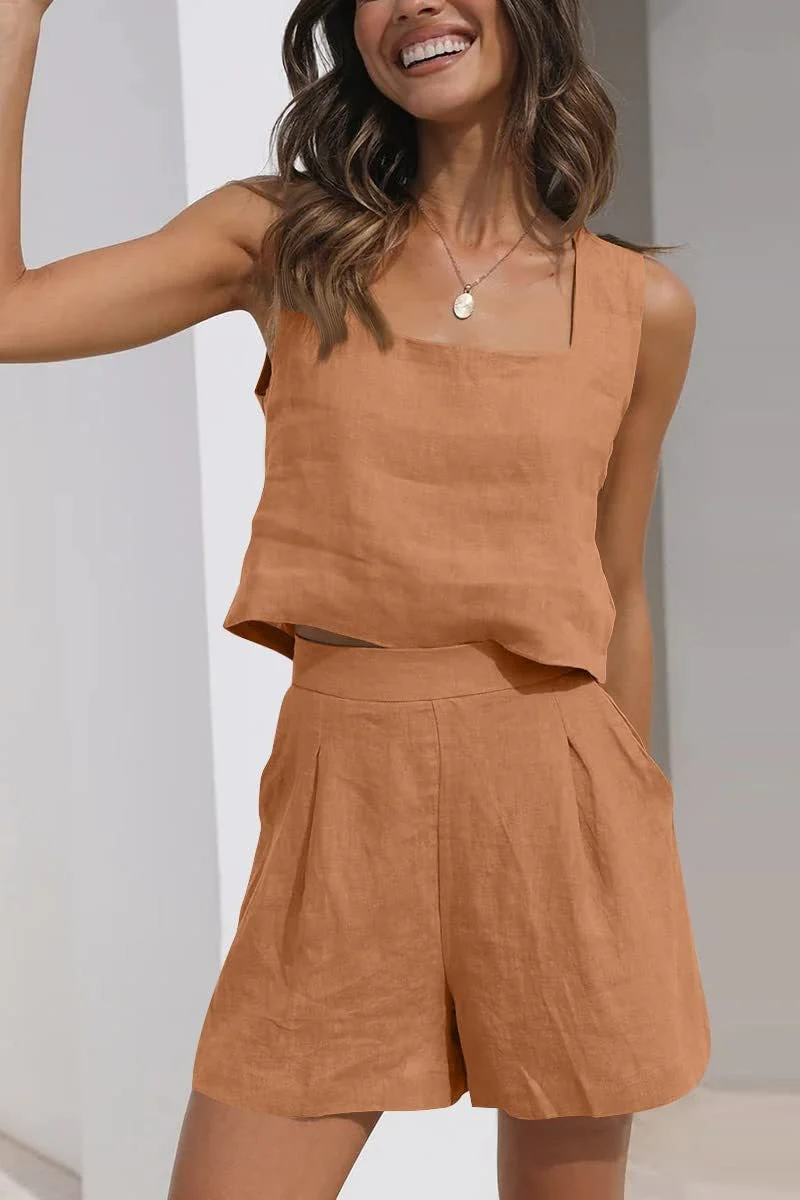 Women's Two-Piece Set – Breathable Material – Sleeveless Crop Top – Pleated Shorts - Image 8