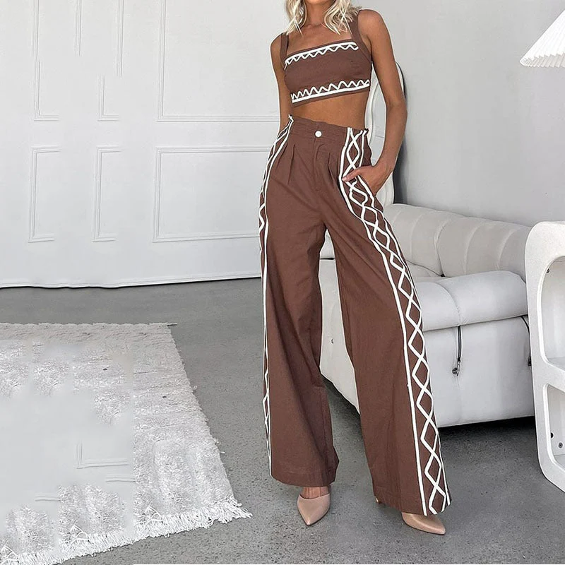 Women's Two-Piece Set – Asymmetrical Crop Top – High-Waisted Pants – Airy Fabric - Image 2