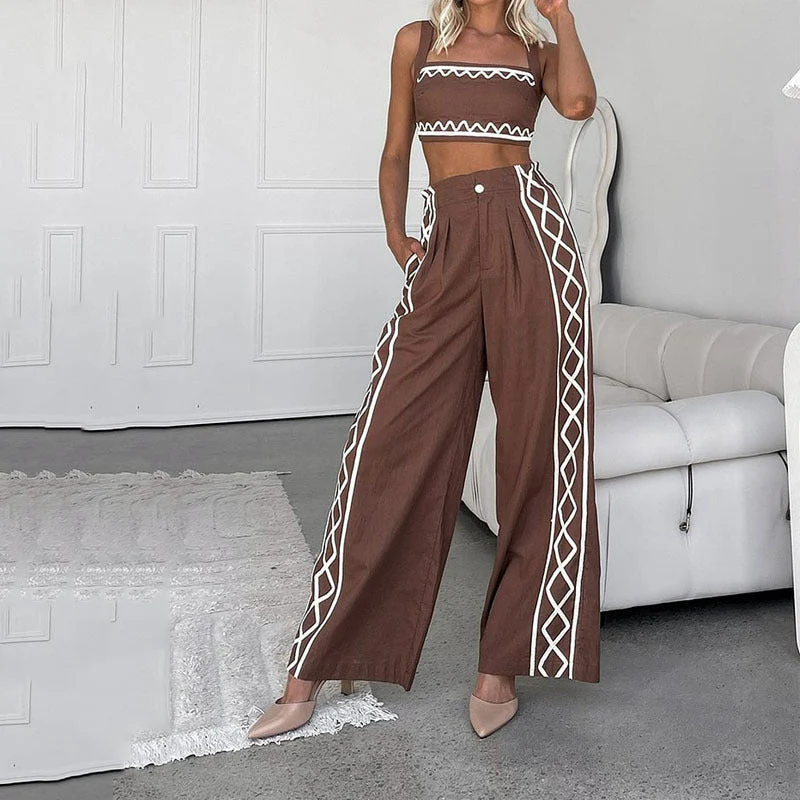 Women's Two-Piece Set – Asymmetrical Crop Top – High-Waisted Pants – Airy Fabric - Image 3