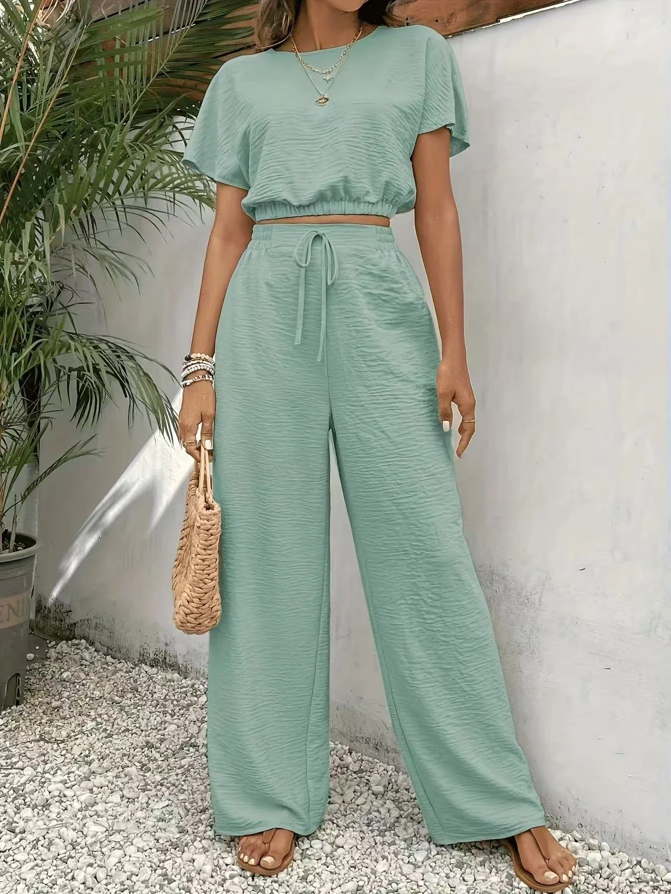 Women's Two-Piece Set – Crop Top Batwing Sleeves – Wide Pants with Drawstring - Image 10
