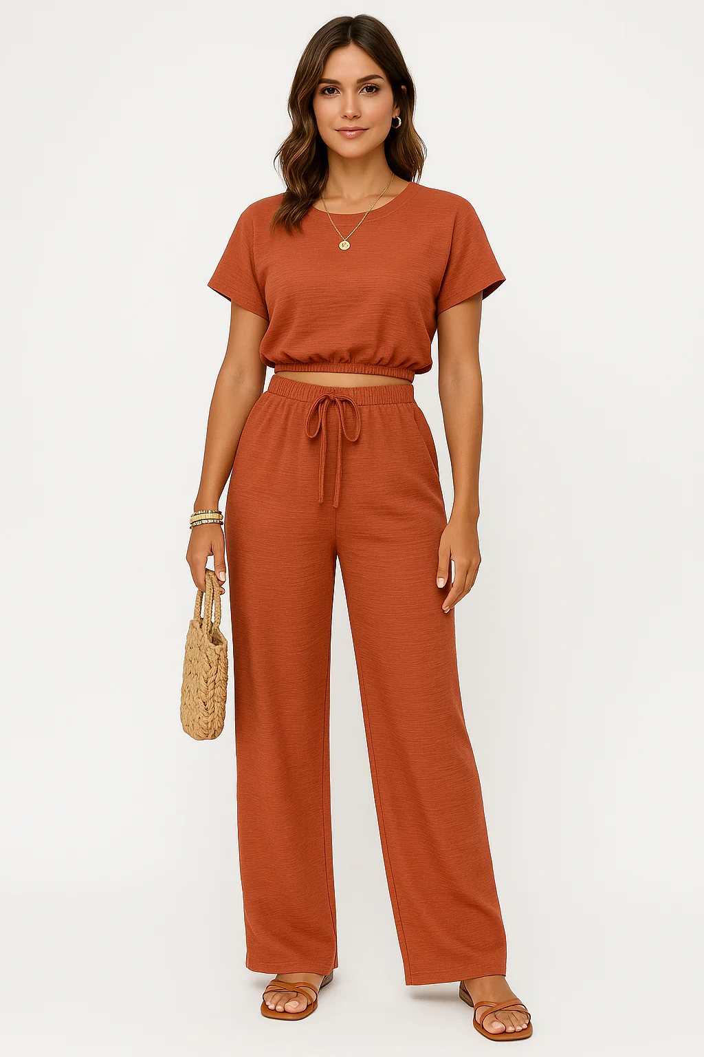 Women's Two-Piece Set – Crop Top Batwing Sleeves – Wide Pants with Drawstring - Image 2