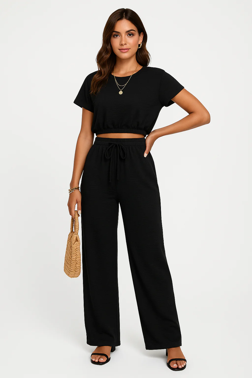 Women's Two-Piece Set – Crop Top Batwing Sleeves – Wide Pants with Drawstring - Image 3