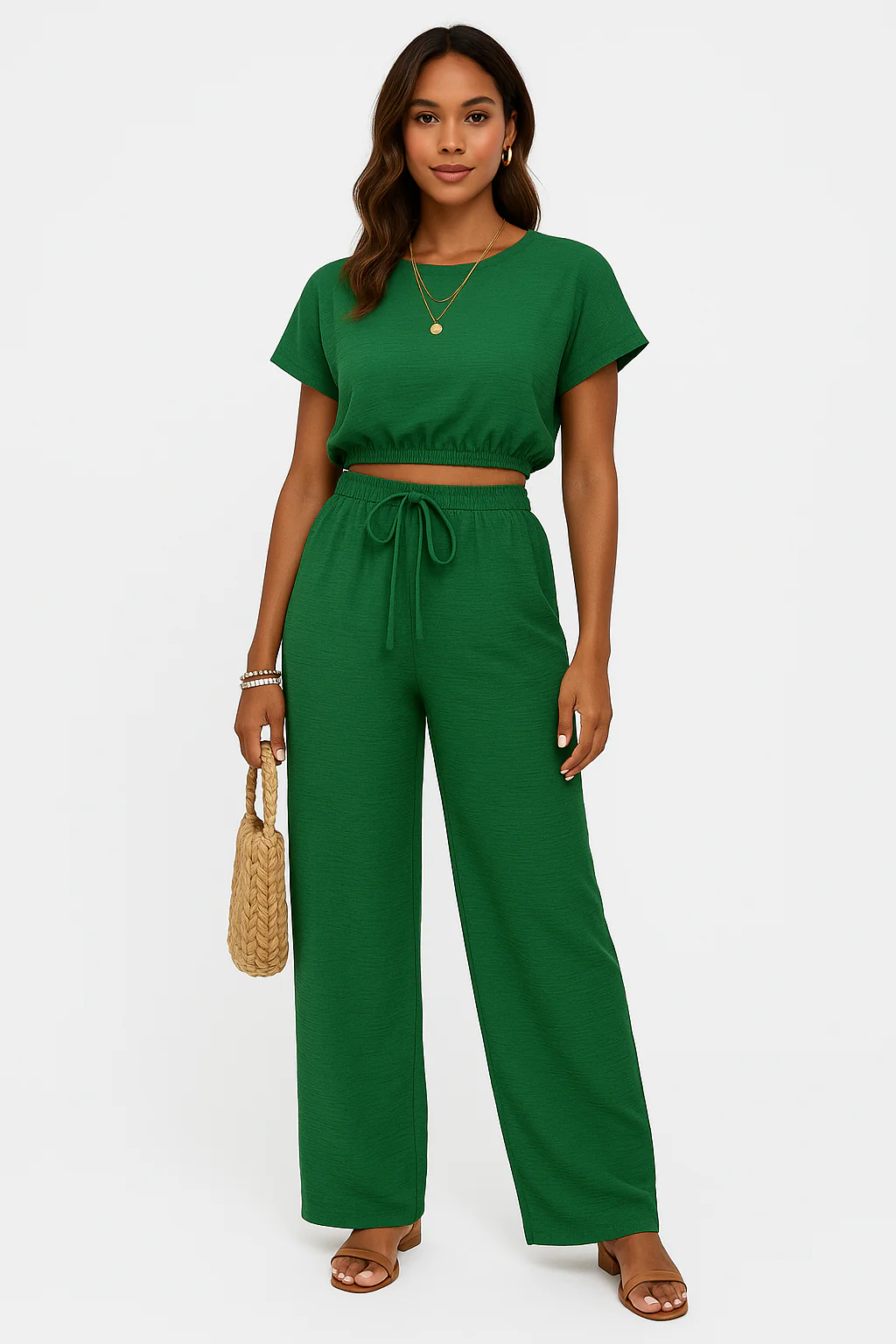 Women's Two-Piece Set – Crop Top Batwing Sleeves – Wide Pants with Drawstring - Image 4