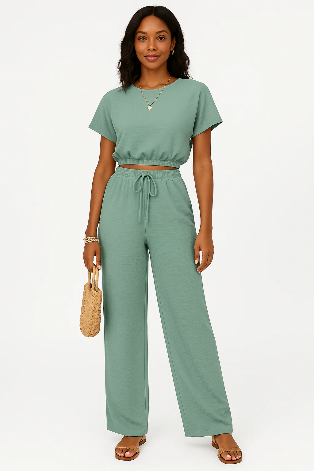 Women's Two-Piece Set – Crop Top Batwing Sleeves – Wide Pants with Drawstring - Image 5
